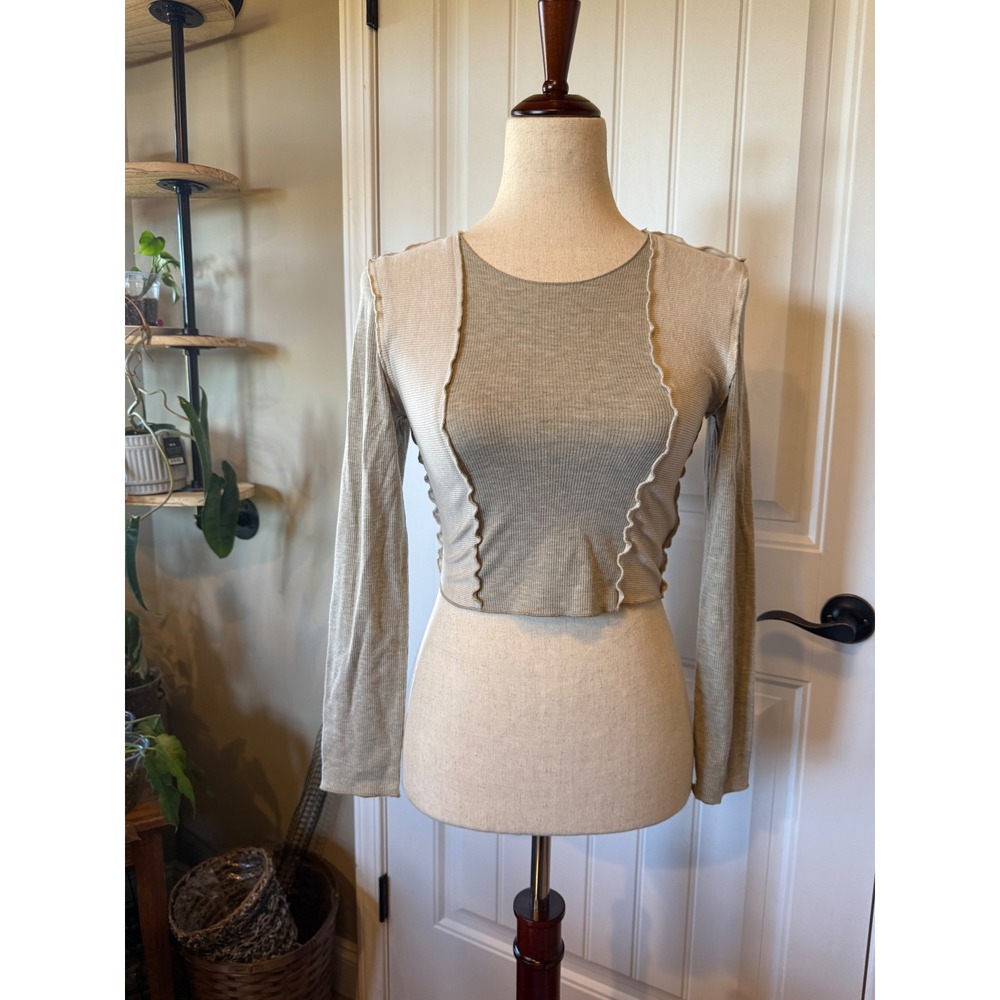 Paper Crane Ribbed Long Sleeve Crop Top Two Tone Stitch Detail XS